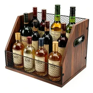 Durable Wooden 1-Layer Liquor Bottle Display Rack - Countertop Wine Storage Rack, Kitchen Home Organizer for Whiskey, Spirits, Coffee Syrup, Food & Beverage Items; Assembly Required Multi-Use Holder for Spices, Books, Retro Mini Bar Stand