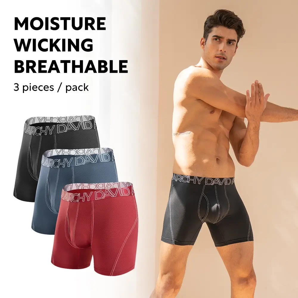 DAVID ARCHY Men's 3-Pack Mesh Quick-Dry Polyamide Boxer Briefs - Spandex Fabric, Soft Breathable Moisture-Wicking Plain Sporty Men's Underwear for Active Sports (Beige, Black, Maroon, Moonlight Blue) Boxershorts