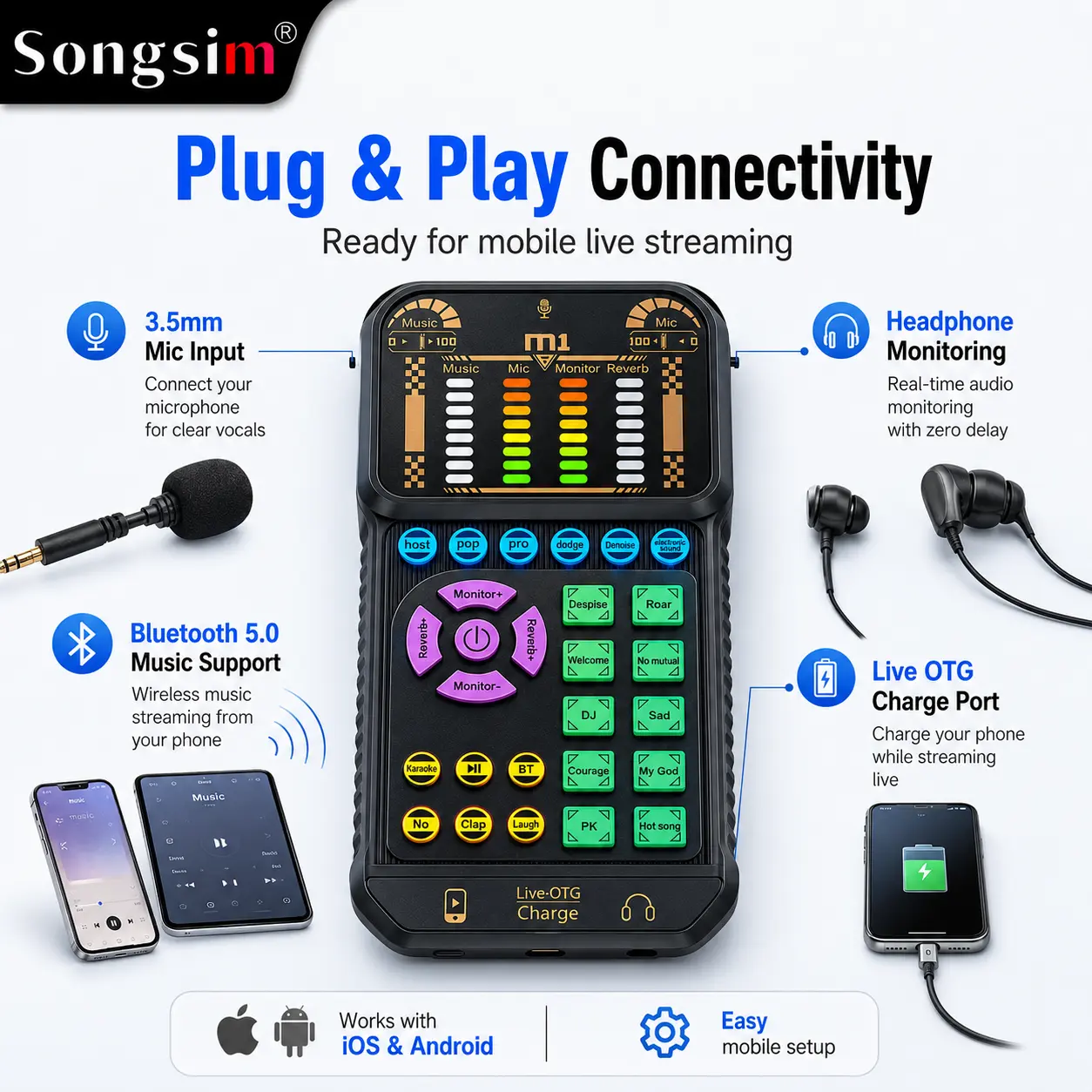Songsim M1 Portable Live Sound Card, Mini Audio Mixer with Bluetooth 5.0, LED Level Display, Sound Effects, OTG Charging and Headphone Monitoring for Live Streaming, Karaoke, Podcasting and Recording