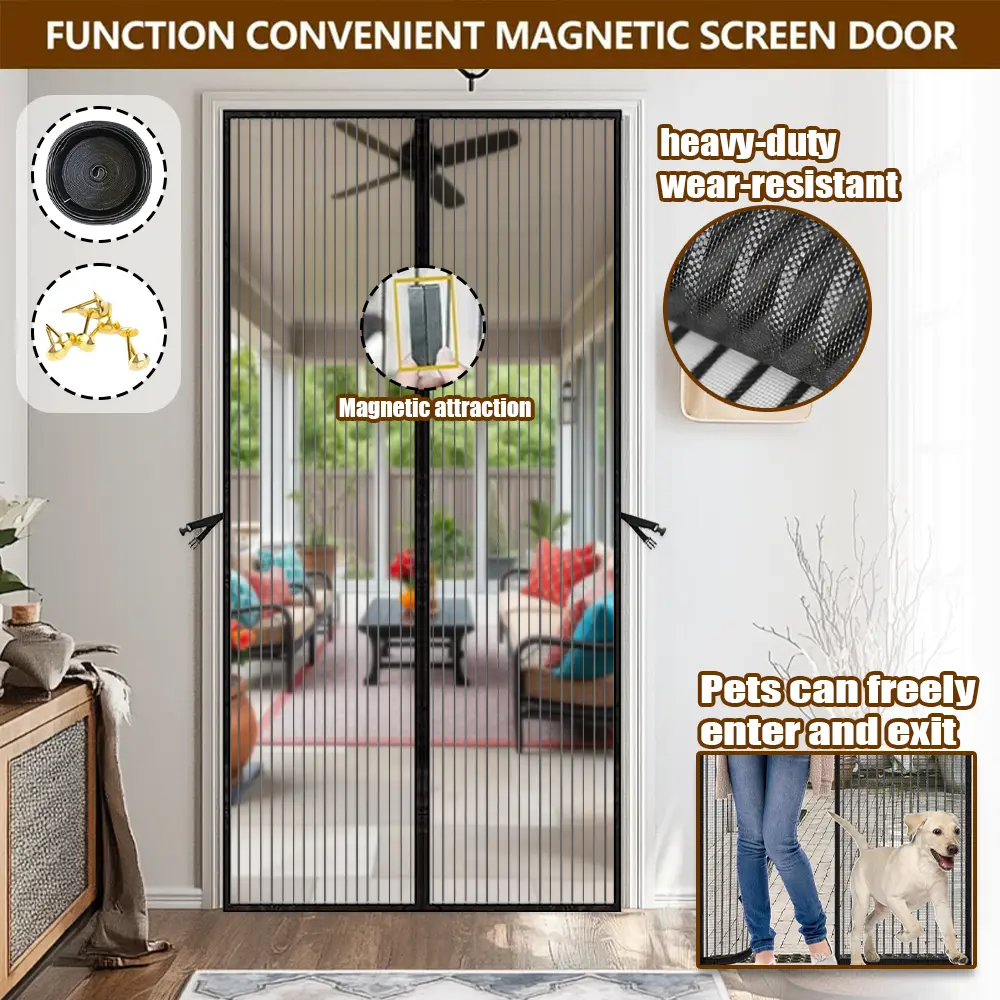 Summer Magnetic Anti-Mosquito Screen Door - Heavy-Duty Fiberglass Mesh, Self-Sealing, Tear-Resist, Easy Assembly, Pet-Friendly, Fits Standard Door Frames, Fine Mesh for Bedroom, Living Room, Balcony