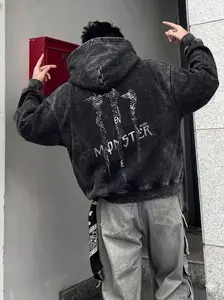 Monster Text Patchwork Graphic Hoodie | Heavyweight Fleece Streetwear Sweatshirt, Y2K Aesthetic Streetwear Oversized Sweatshirt