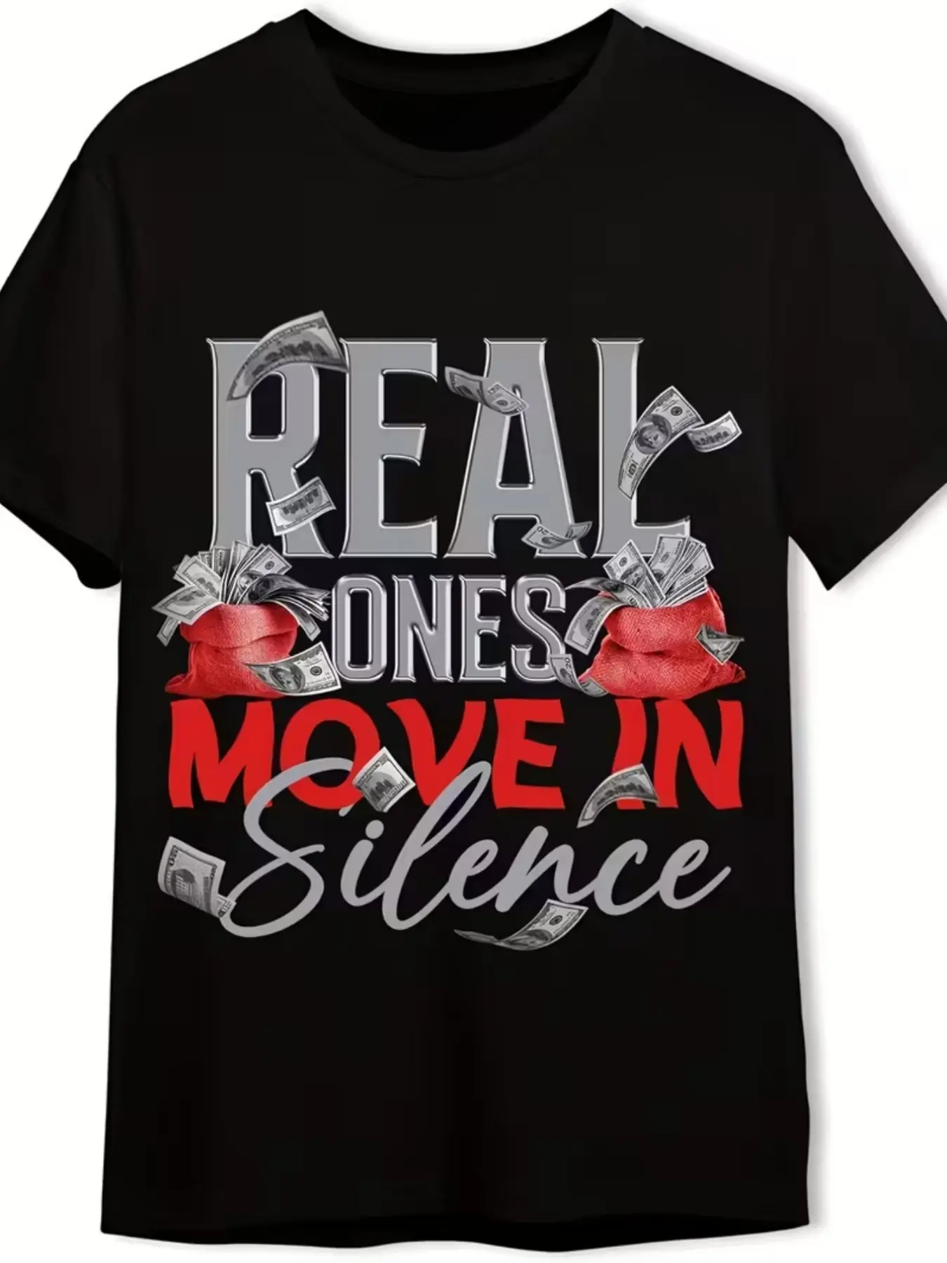Men’s 2026 Summer Stylish Streetwear Short-Sleeve T-Shirt - Bold "Move In Silence" Graphic, Metallic Fabric, Relaxed Fit Crew Neck Tee, Black Menswear Top, Shortsleeve, Tshirt