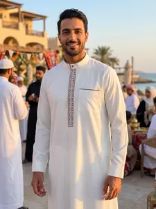 Islamic Traditional Men's Stand Collar Geometric Embroidered Robe, Authentic Saudi Thobe, Classic Daily Wear, Eid Al-Adha Festival Gift