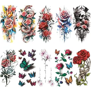 10 Sheet Realistic Color Flower Temporary Tattoos for Women Thigh, Large Rose Snake Skull Sleeve Fake Tattoo Stickers Adult Girl, Sexy Butterfly Arm Temp Tatoo Back Spine Waist Chest Body Art