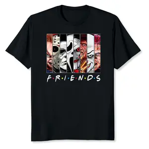 Friends Horror Squad Parody T-Shirt - Black Casual Crew Neck, Slight Stretch Knit Fabric, Regular Fit, Perfect for Halloween & All-Season Wear, Halloween Shirts