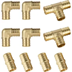 PEX Fittings, 10pcs 3/4 inch PEX Straight Coupling (4pcs) Degree Elbow (4pcs) PEX Tee (2pcs), Brass Barb Crimp Pipe Hose Fittings (Pack of 10)