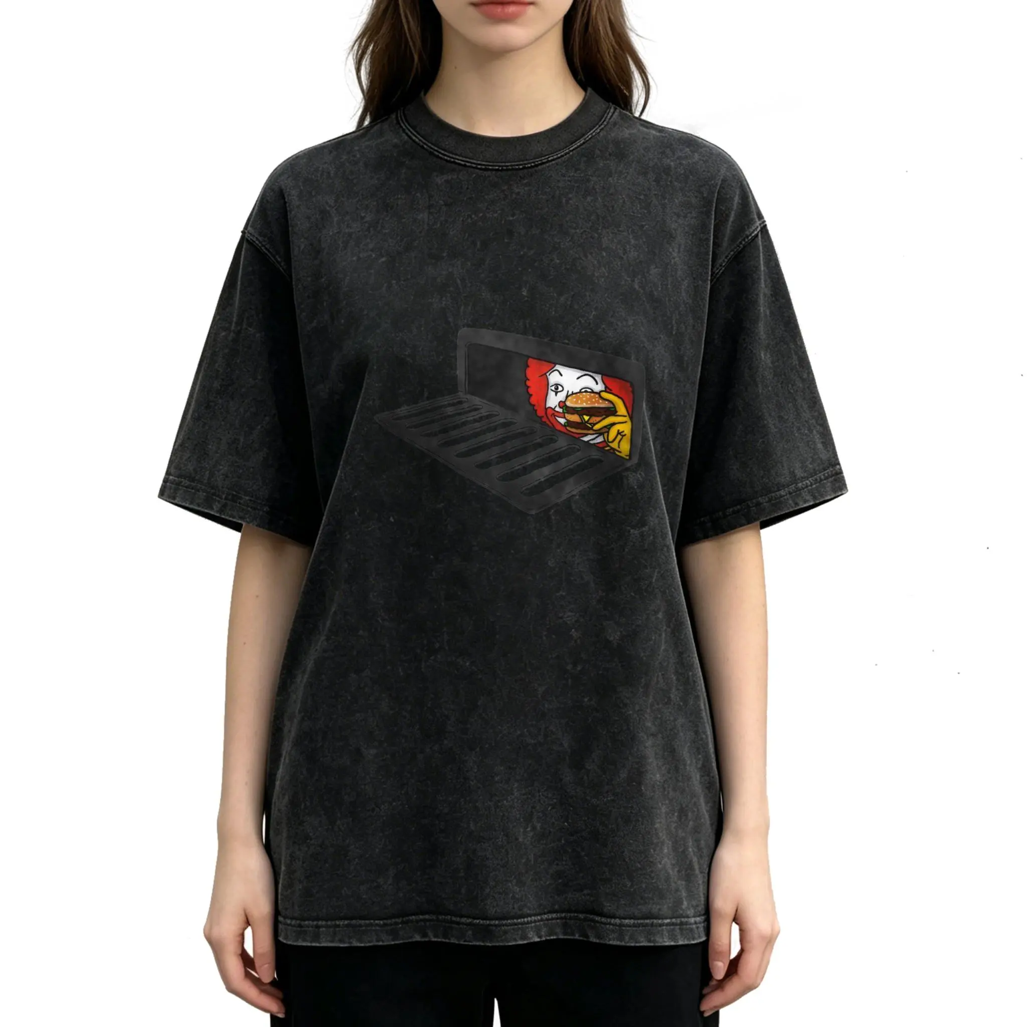 Novelty Funny, Women's T-Shirt Pure Cotton Made In Usa, Ronald Mcdonald Eating Burger Graphic, Casual Summer Wear, Gift For Fast Food Lovers And Friends