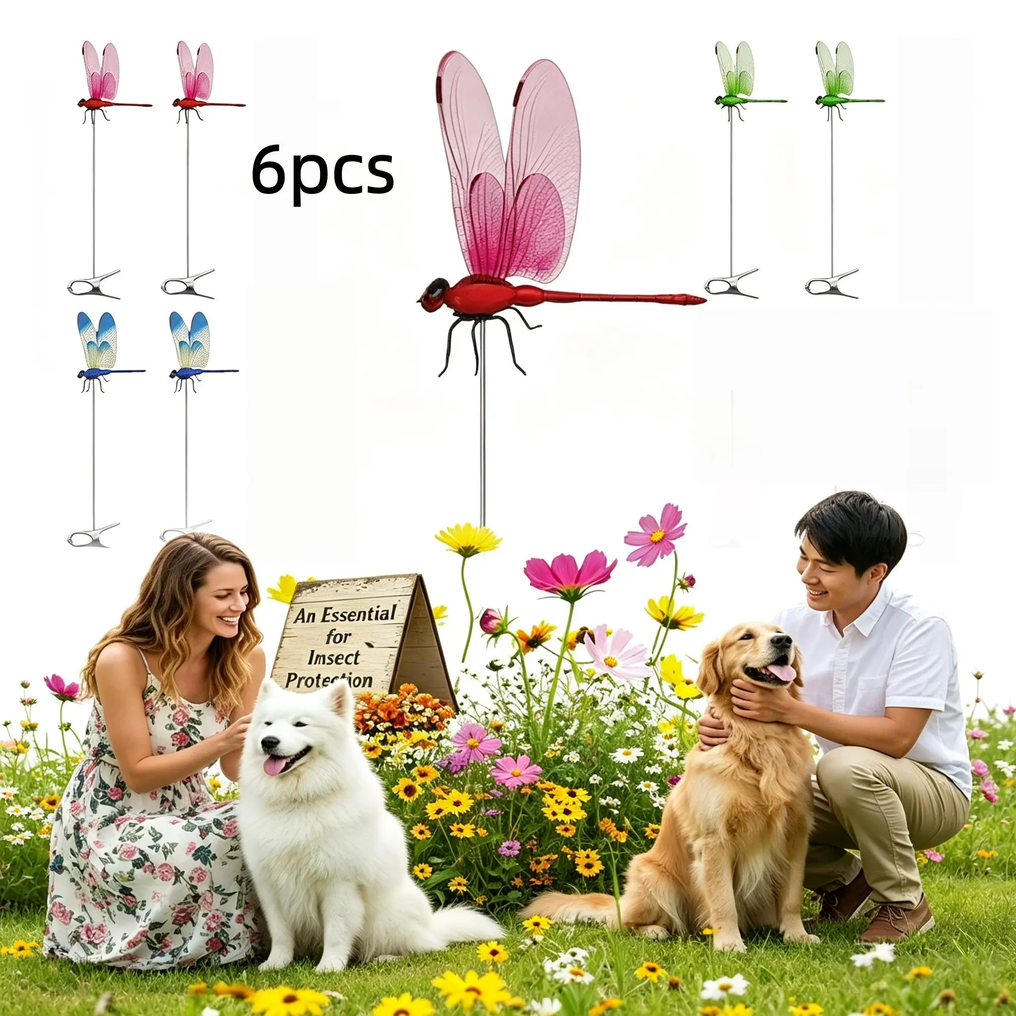 6 Pack Clip-on 3D Fake Dragonfly Decor with Stakes, Realistic Dragonfly Decoys, Multipurpose Ornaments for Hats, Pets, Dog Walking, Yard Indoor Outdoor Garden Decor