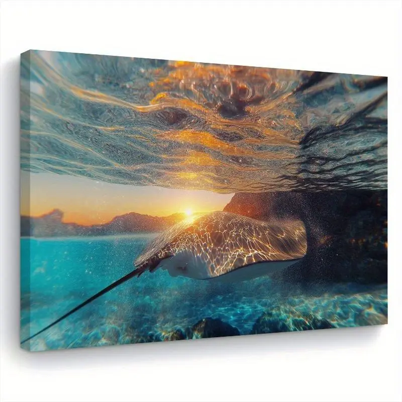 1pc Decorative Hangable Wooden Framed Canvas Print - Ocean Scene Swimming Ray with Shadows, Ocean Sunset Design, 11.8x15.7in Ready-to-Hang Wall Art for Living Room, Bedroom, Perfect Coastal Decor Gift