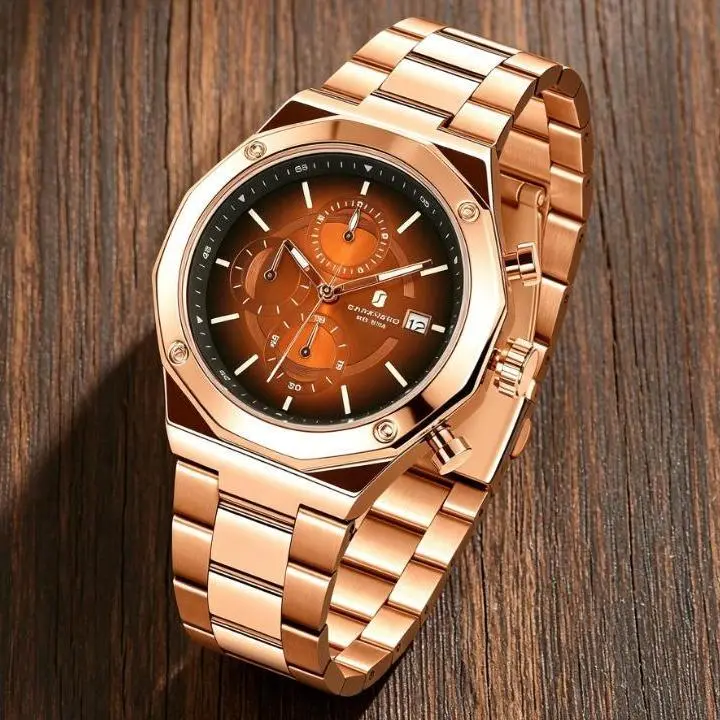 SAPPHERO Men's Chronograph Wristwatch, 43mm Fashion Round Face with a Sun Pattern Dial, Rose Gold Stainless Steel Band, Luminous and 50m Waterproof for Business Wear, Fashionable Wristwatch, Quartz Analog Wristwatch
