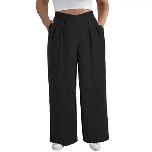 Eytino Womens Plus Size Wide Leg Pants Crossover Waist Pleated Front Casual Work Pants Lounge Trouser with Pockets(1X-5X)