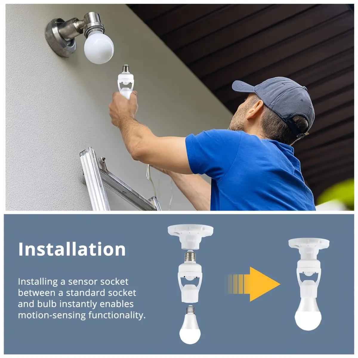 Motion Sensor E27 Socket Adapter with Human Body Infrared Detection, 6m Detection Range, Auto On/Off, No Wiring, High Sensitivity for LED/CFL Bulbs (85-265V),Ideal for Porch,Garage,Yard & Outdoor Security Lighting - Smart Home, Energy-Saving,Easy Install