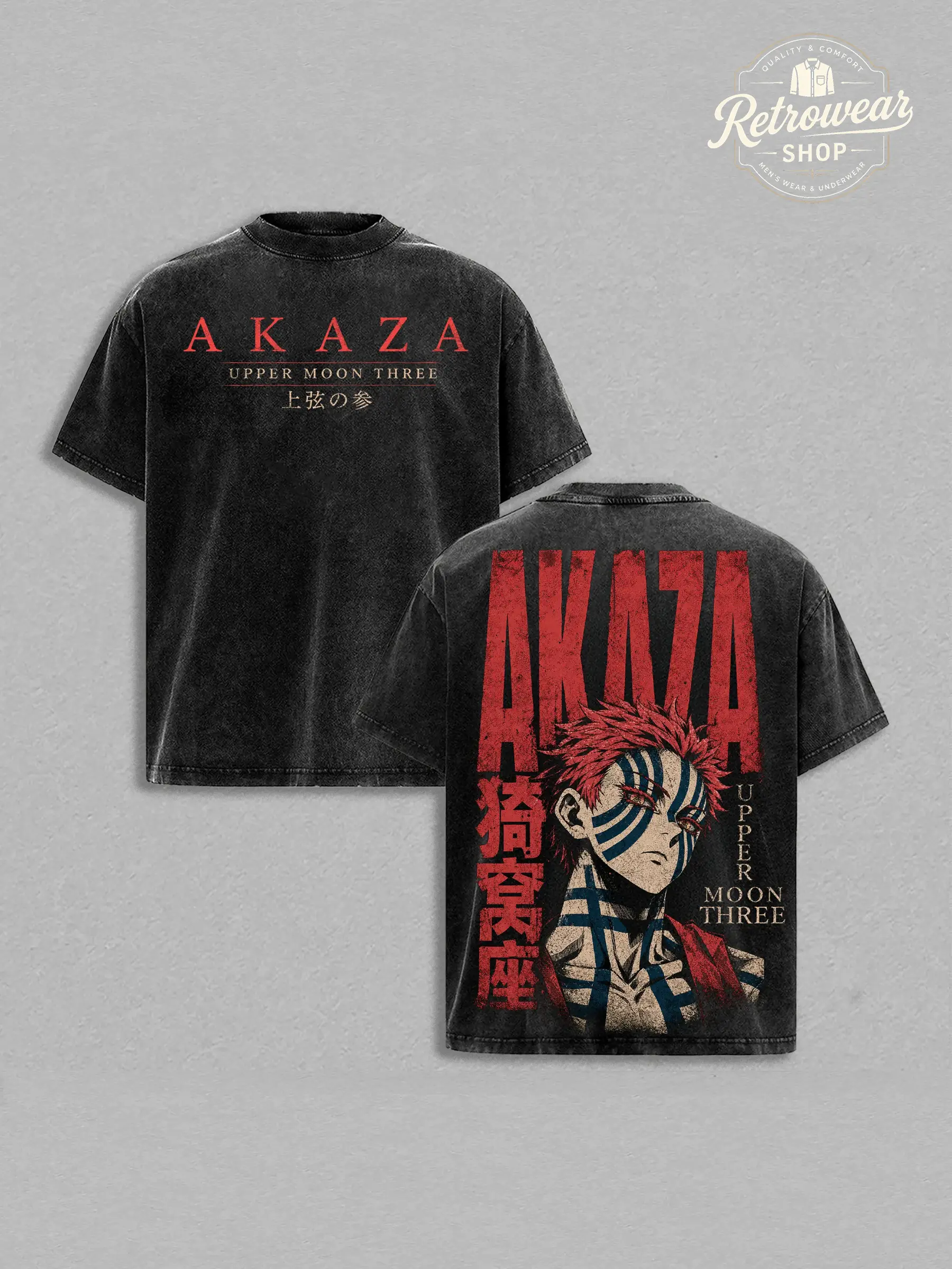 Men's Vintage Washed Tshirt | Demon Slayer Akaza Upper Moon 3 Graphic Streetwear Top in Heavyweight Cotton, Relaxed Fit, Casual, Pre-Washed, Shortsleeve, Menswear