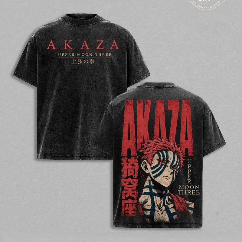 Men's Demon Slayer Akaza Upper Moon 3 Vintage Washed T-Shirt