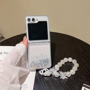 Double-Layer Glitter Shaker Sand with Matching Wrist Strap Girly Beads Flip Anti-Drop Protective Case for Samsung Galaxy Z Flip 7 FE / Z Flip 7 / Z Flip 6 / Z Flip 5