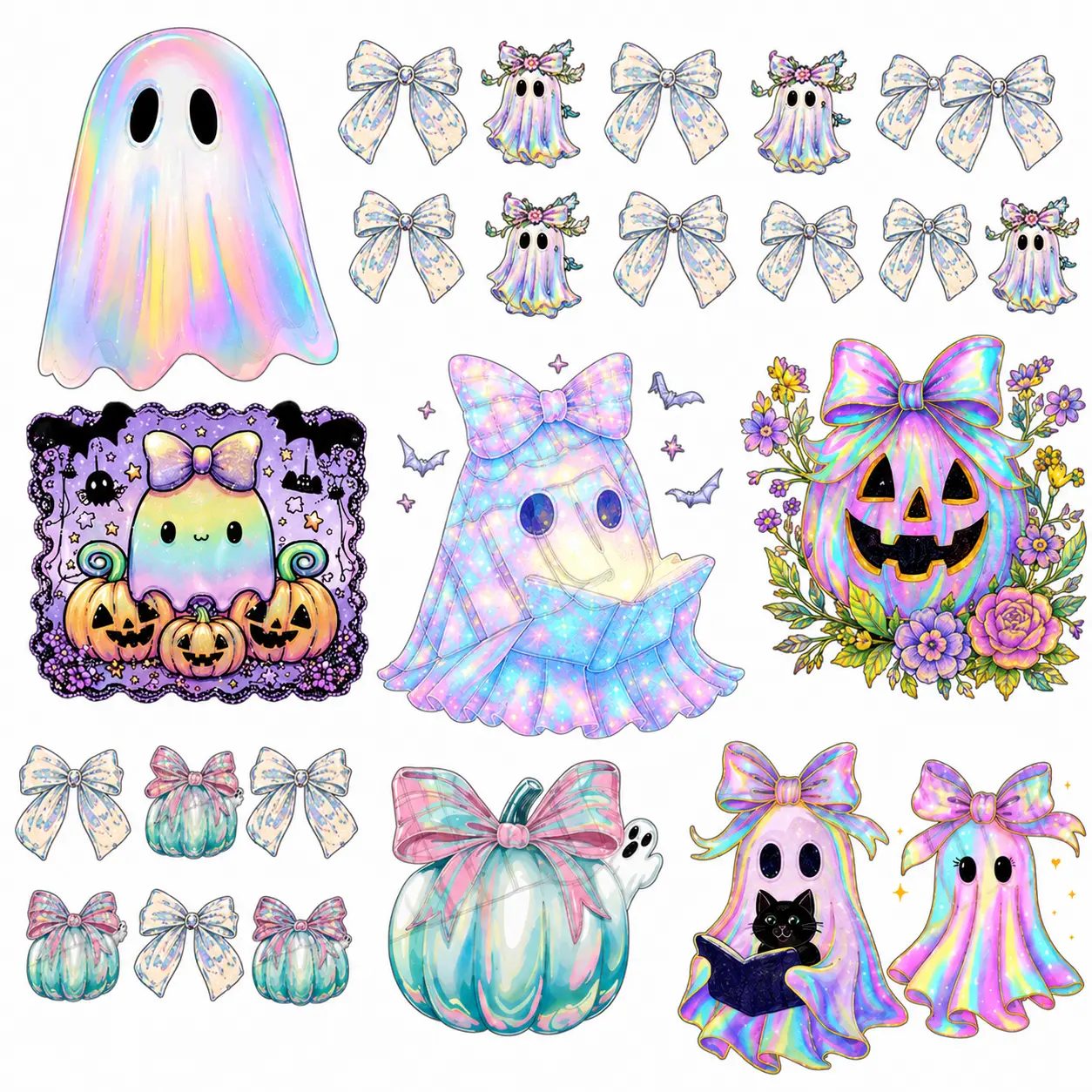 Pastel Iridescent Halloween 3 - Design DTF Gang Sheet - 3 Ghosts & Pumpkins, 10 Full-Size Ready-to-Press Transfers (22" x 60")