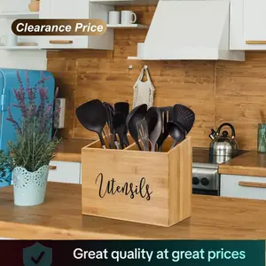 Wooden Kitchen Utensil Caddy With 2 Compartments, Rustic Utensil Holder for Kitchen Countertop, Wood Utensil Crock home Organizer Box for Farmhouse Kitchen Decor (Wood brown) holiday haul cooking utensils storage rack multifunctional non-food contact dea