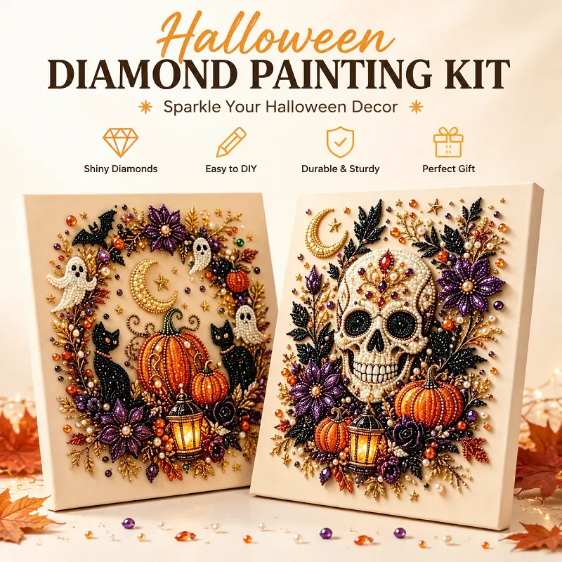 2PCS Halloween Diamond Painting Kit for Adults - DIY Rhinestone Craft Kit with Pumpkin, Ghost, Witch, Skull Designs, Home Wall Decor Holiday Gift