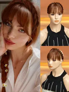 Elegant Clip-In Synthetic Bangs Hairpiece, Headband Fake Bangs, Curly Medium Length Wig Accessories with Headband and Sides, Wavy Synthetic Hairpiece