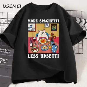 More Spaghetti Less Upsetti Cat T-Shirt | Funny Food Pun Meme Tee