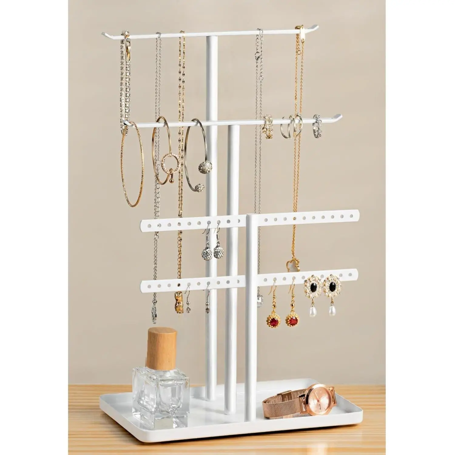 Pickpiff Jewelry Stand Organizer 14.5" Tall Sturdy Metal 3-Tier Jewelry Holder for Necklace, Earrings, Bracelet, Ring & Hanger for Display and Storage Boxes Accessory Decoration Gifts Room Ornaments