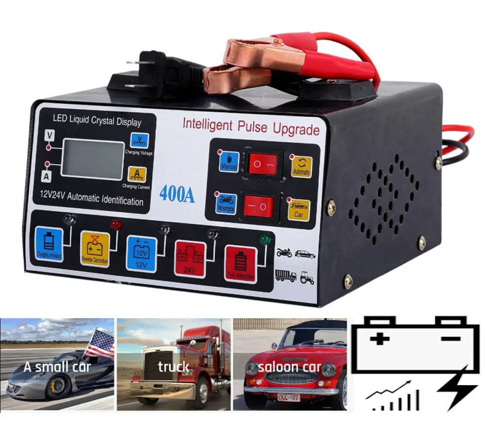 Intelligent 5-Stage Pulse Repair Battery Charger 12V/24V 400A Heavy Duty, Auto Stop Full Charge, Manual Mode, Digital Screen, Safe Protection for Lead-Acid Car Batteries
