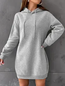 Women's Fall Winter Thick Adjustable Drawstring Hooded Dress, Sporty Plain Basic Fitted Long Sleeve Womenswear, Casual Short Hoodie Dress for Women Piece