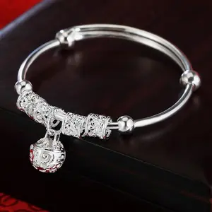 925 Sterling Silver Plated Bracelets For Women Beads Bangle Bracelet Transfer Lucky Cuff Bracelet Adjustable Fashion Women Jewelry Bell Pendant Bracelet Jewelry Gifts