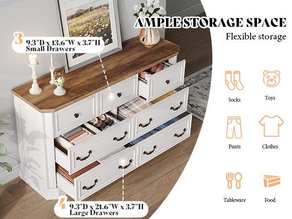 AMERLIFE Farmhouse 7 Drawer Dresser for Bedroom,54" Wide Wooden Dresser for Closet with Natural Wood Grain & Vintage Handles, TV Stand for Bedroom AMERLIFE Farmhouse 7 Drawer Dresser for Bedroom,54" Wide Wooden Dresser for Closet with Natural Wood Grain & Vintage Handles, TV Stand for Bedroom