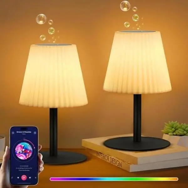 2-Pack Rechargeable Cordless Shower Lamp with Speaker, IP44 7-Color Glowing Ambient Bluetooth Powered LED Table Lamp with Remote, Indoor/Outdoor Bathroom Night Light, 7-Color Glowing Table Lamps, Ambient Led Table Lamps