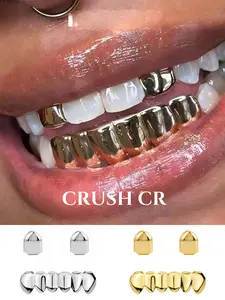 CRUSH CR 14K Gold Plated Oral Grillz Set for Men Women, Solid Single Tooth Caps 6-Teeth Bottom Grillz with Mirror-Like Polished Finish, Hypoallergenic Removable, Perfect for Hip Hop Concerts, Music Festivals, Club Nights and Urban Street Style