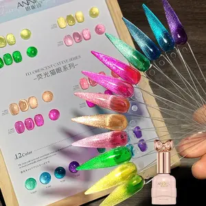 ANNIES Fluorescent Vibrant Look Gel Nail Polish Set Pack, 12-Color Glitter Cat Eye Cosmetic for Manicure & Nail Care