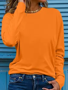 Women's Casual Style Basic Round Neck Thin Long Sleeve Lady T-Shirt, Spring & Fall Fashion, Fitted Plain Top, 14 Colors Available, Daily Wear