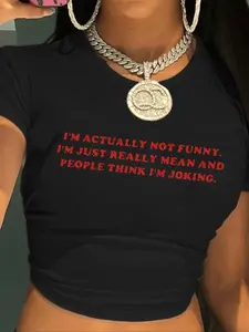 Women's Letter Print Round Neck Crop Tee, Lady Casual Short Sleeve Crew Neck T-Shirt for Summer, Fashion Women's Top for Daily Wear