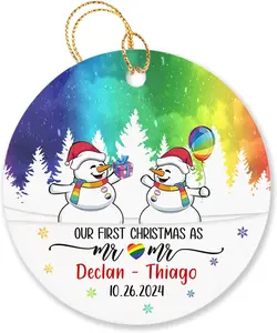 Our First Christmas As Mr & Mr Ornament 2024 Christmas, Personalized Couple LGBT Gay Lesbian Pride Snowman Ornaments Custom Names Date, 1st Xmas Together Couple Gay LGBT Newlywed Gifts for Wedding, Our First Christmas as Mr & Mr #1 Ornament
