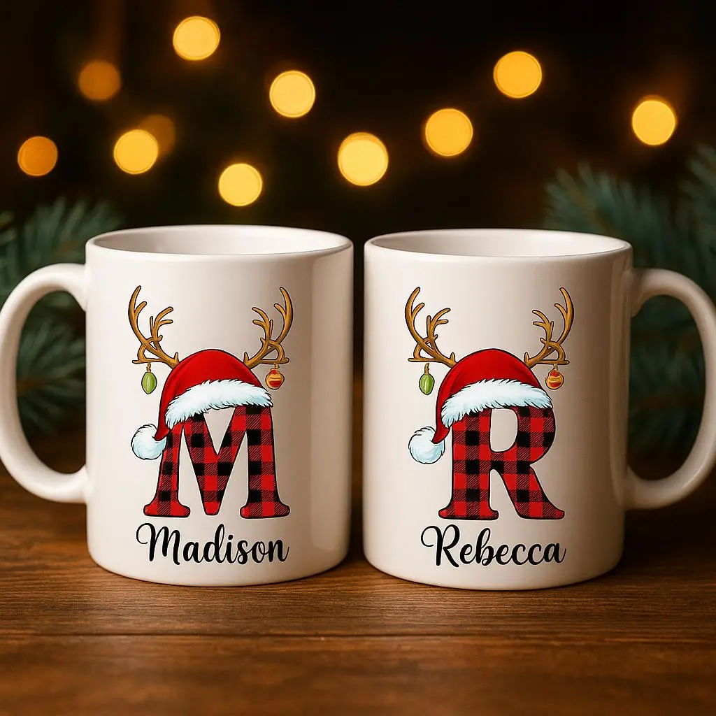 Personalized Christmas Monogram Mug - Custom Name Buffalo Plaid Initial - Best Holiday Gift for Family - Winter Coffee Cup | Gifts for Kids | Home Decor | Hot Chocolate | Drinks | Novelty Gifts | Office Mugs |