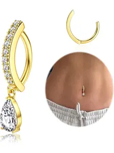 Steel Gold Belly Button Bars - Hypoallergenic 14k Gold Plated Belly Bar Dangly Belly Button Piercing Cubic Zircon Pearl Click Belly Ring Navel Piercing Jewelry Body Piercing Jewelry 14G