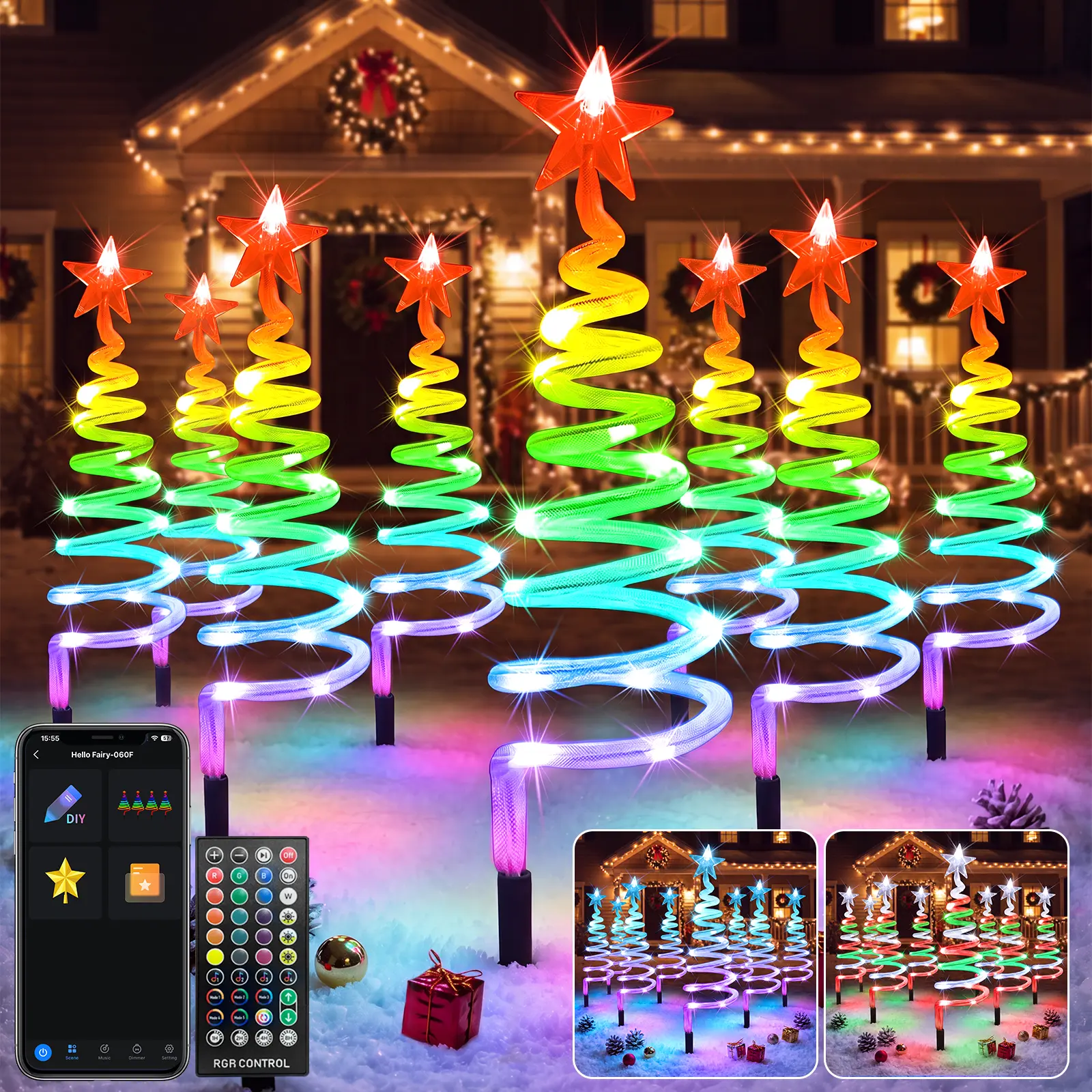 AVATAR CONTROLS 8-Pack Smart Christmas Pathway Lights Outdoor - APP & Bluetooth Enabled, Multicolor Connectable Spiral Tree Lights, RGB DIY Music Timer LED Holiday Decorations, Water Resistant PC+ABS Build