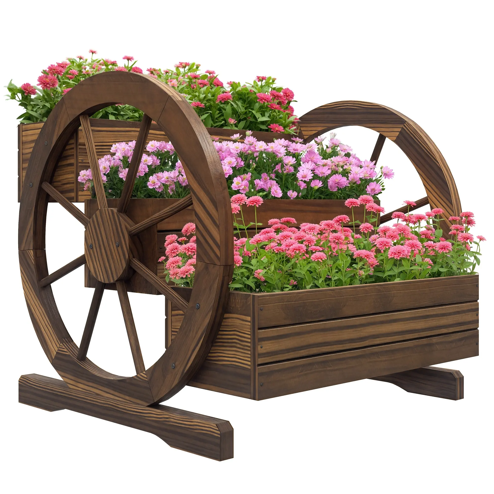 3-Tier Wooden Wagon Planter Box, Raised Garden Bed for Vegetables & Flowers, 25" x 24" x 23" Garden Pot Planter