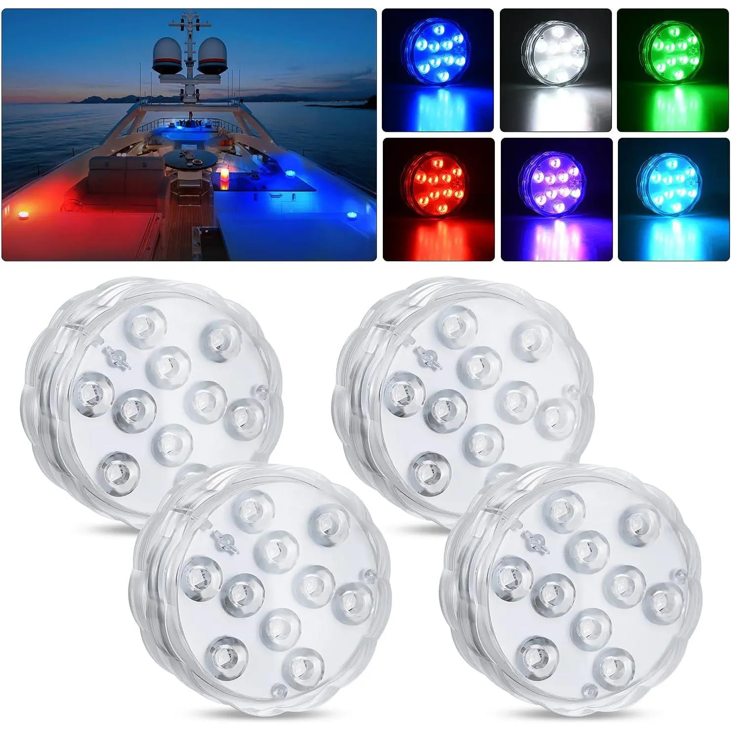 Nilight 4 PCS 10LED RGB Wireless Remote Control Waterproof Submersible Marine Lights - Bright, Multi-Colors, Flash/Jump/Fade Modes, Easy Installation, Pool & Deck Step Lighting for Boats, Golf Carts Accessories