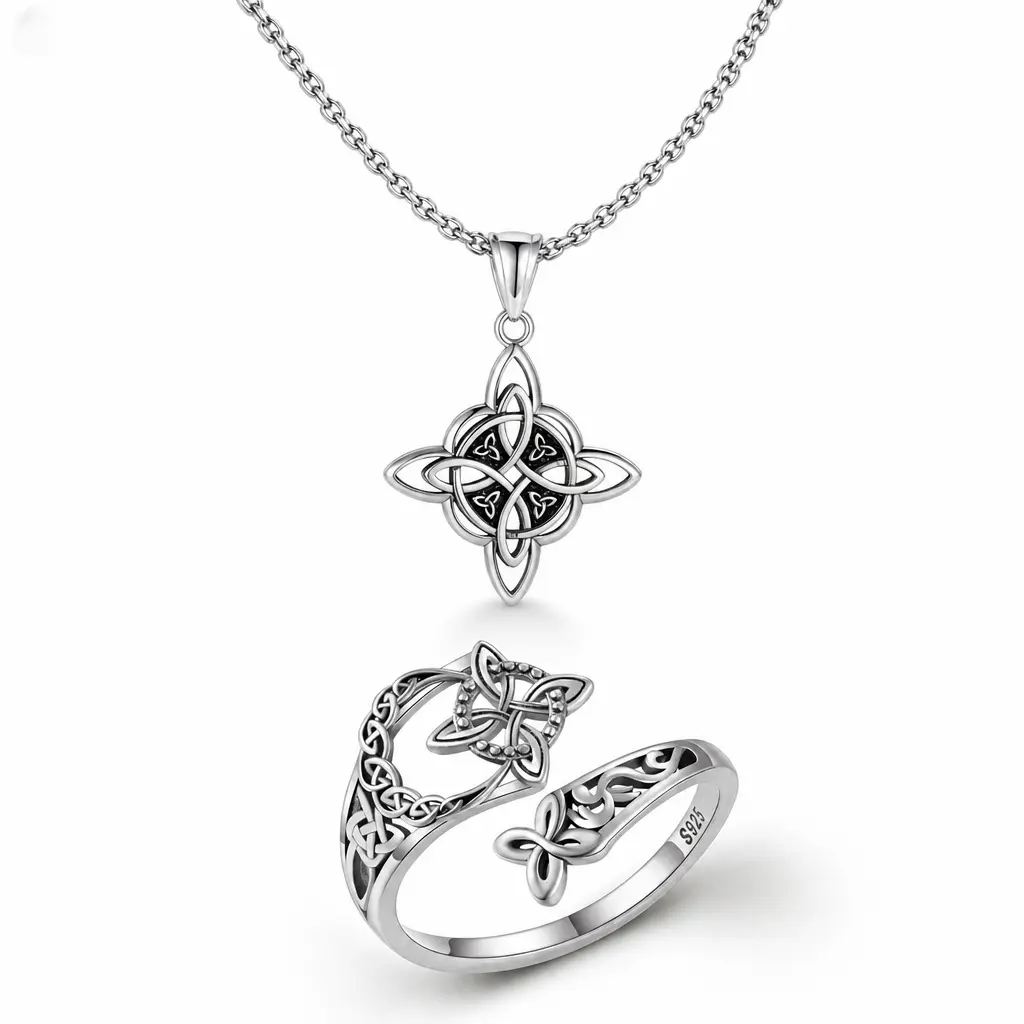 Women's Jewelry Set, 925 Sterling Silver Celtic Witch Knot Necklace & Adjustable Fox Ring, Vintage Irish Protection Amulet, Birthday Gift for Mom, Accessories Set, Jewellery Gift Set