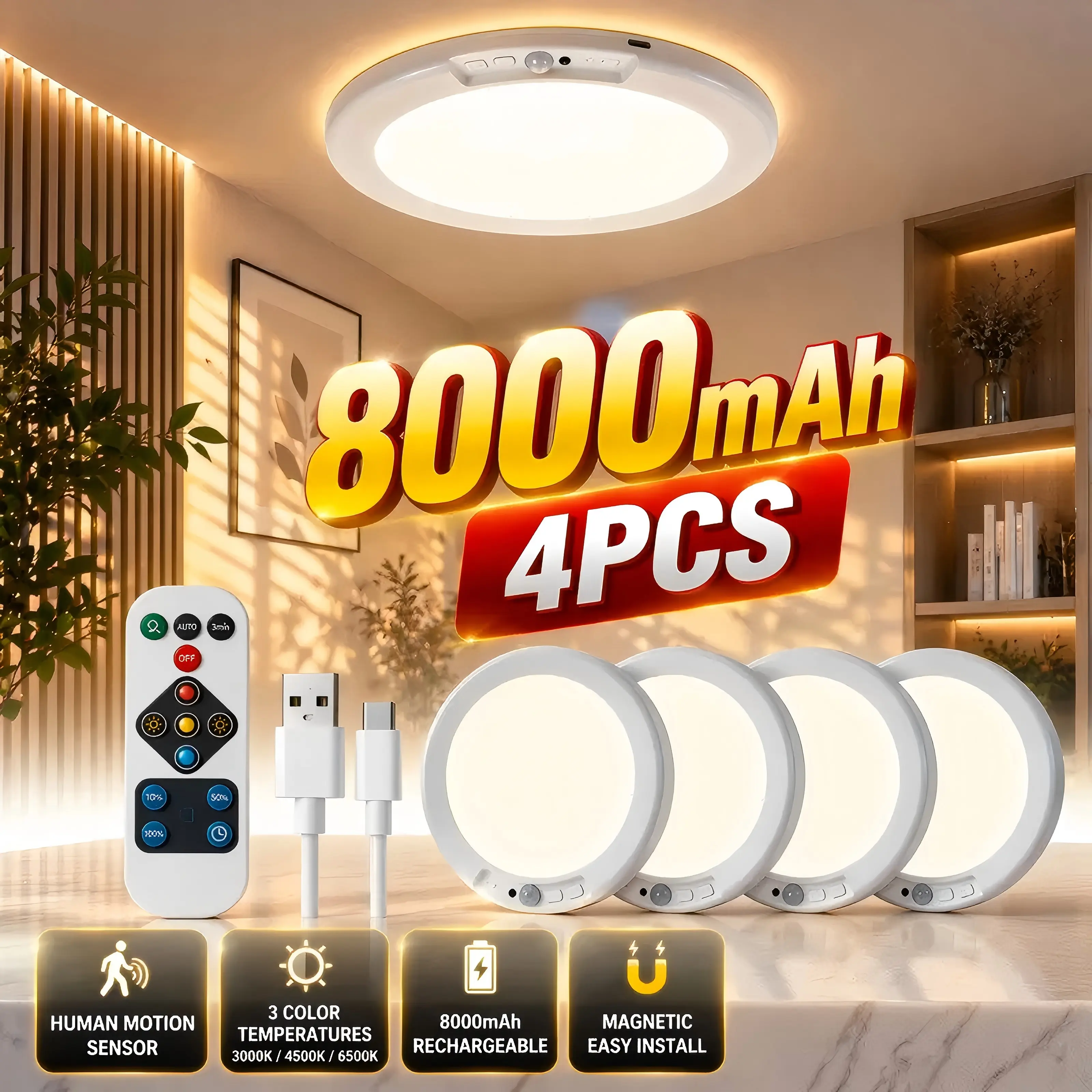 Rechargeable Motion Sensor Ceiling Light - 4/2/1 Pack Wireless Magnetic Battery Operated LED Home Lighting, Remote Control Included, 3 Color Modes, 10 Brightness Settings, 7-10 Hr Runtime, 30-60 Days Battery Life, Ideal for Closets, Garages