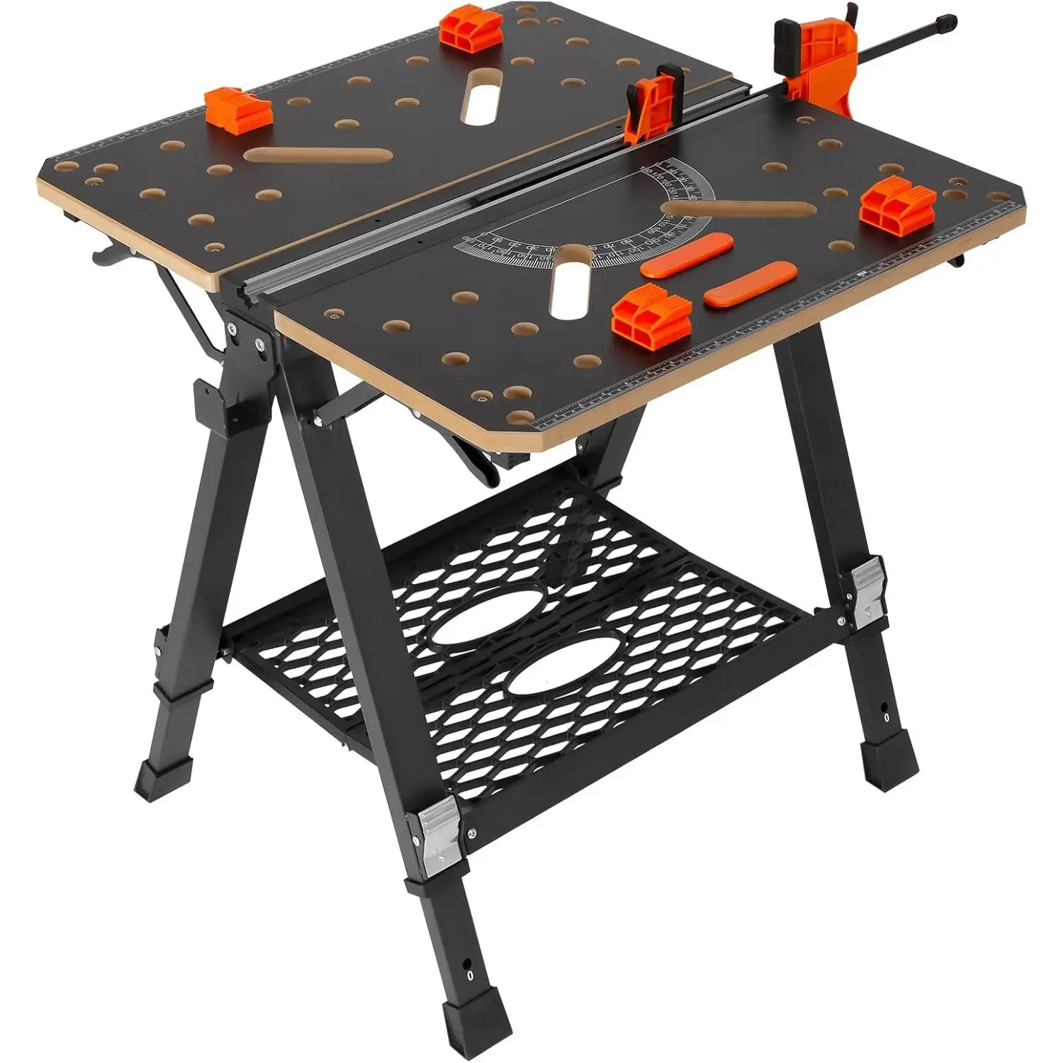 VEVOR Folding Work Table with Flat Top & Bottom Handle, 2-in-1 Sawhorse-Workbench, 1000 lbs Capacity, 7 Adjustable Heights, Steel Legs, Portable Tool Stand with Wood Clamps & Hooks, 4 Bench Dogs, Easy Garage Storage