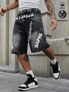 Patch Jean men's street-style washed denim shorts feature a built-inzipper closure, Pocket and a double-layer belt design, offering a comfortable and stylish look for everyday casual wear Streetwear