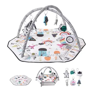 VEVOR Baby Play Gym Mat,  Tummy Time Mat with 6 Detachable Sensory Toys, 41.7" x 41.7" Large-Sized Baby Newborn Activity Mat with Fold-up Sides & Soft Fabric for Sensory and Motor Skill Development