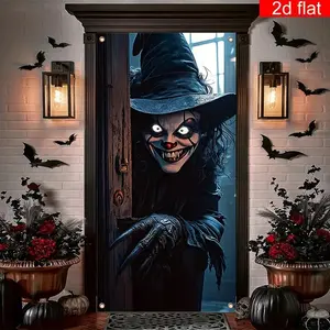 Scary Witch Large Door Cover, 2D Flat Banner, Halloween Front Door Decoration, Scary Theme Spooky, Bright & Durable Polyester, Perfect for Home Parties