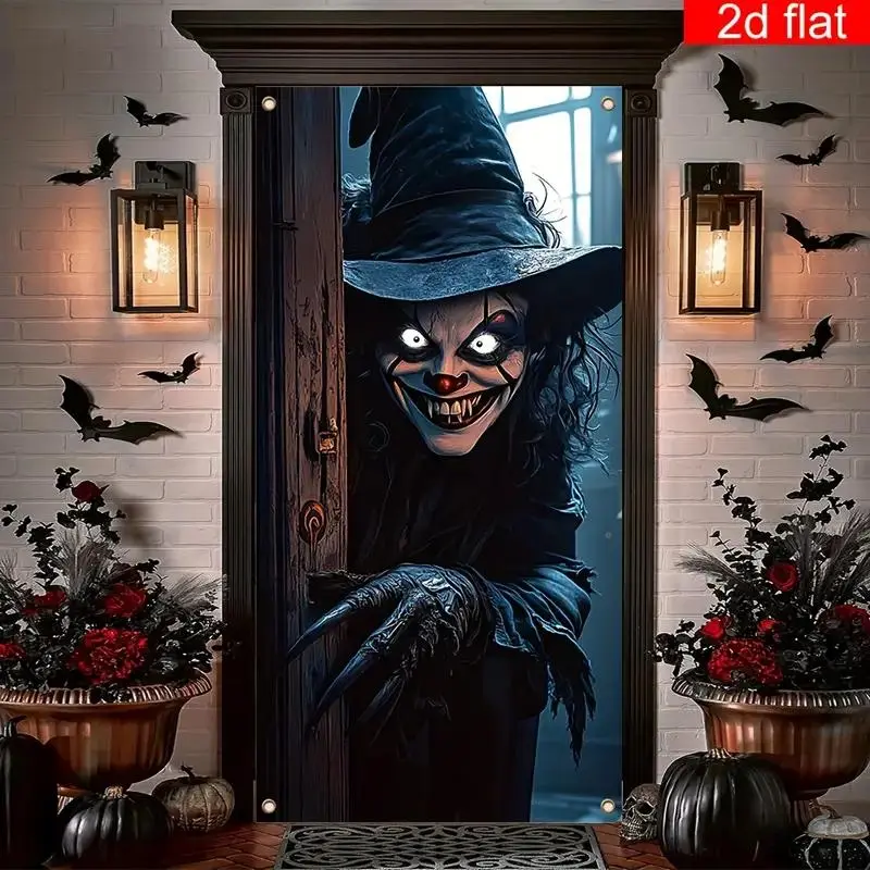 Scary Witch Large Door Cover, 2D Flat Banner, Halloween Front Door Decoration, Scary Creepy Theme Spooky, Party Decoration, Bright & Durable Polyester, Perfect for Home Parties
