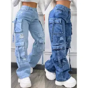 2025 New Fashionable Solid Color Versatile Plus-Size High-Waist Multi-Pocket Casual Cargo Denim Jeans for Women — Gift