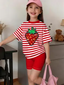 Girls' Strawberry Striped Printed Two-Piece Set, Summer Short Sleeve Top & Solid Color Shorts, Casual Slim-Fitting, Casual Outfit Set, Summer Clothing Set