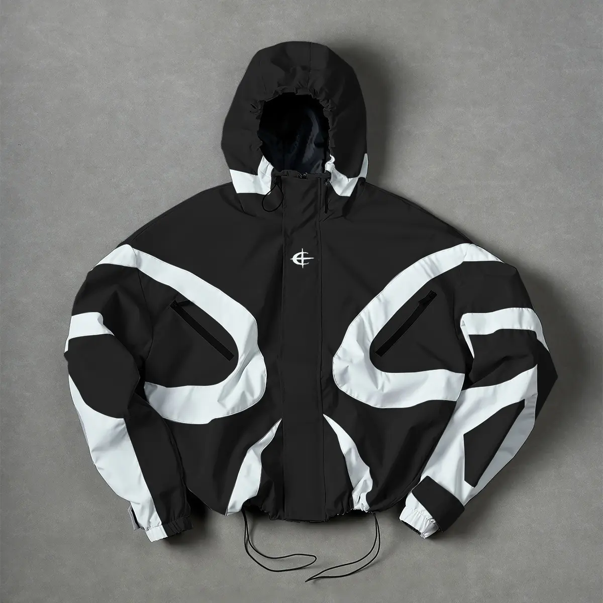 Men’s color-block hooded outdoor jacket – windproof outerwear with drawstring hem, suitable for everyday outings, outdoor hiking, and trendy outfit travel